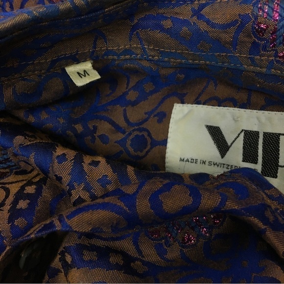 VINTAGE VIP Button Down Shirt Metallic Embroidered Shimmer Retro Funky Medium - Picture 7 of 14